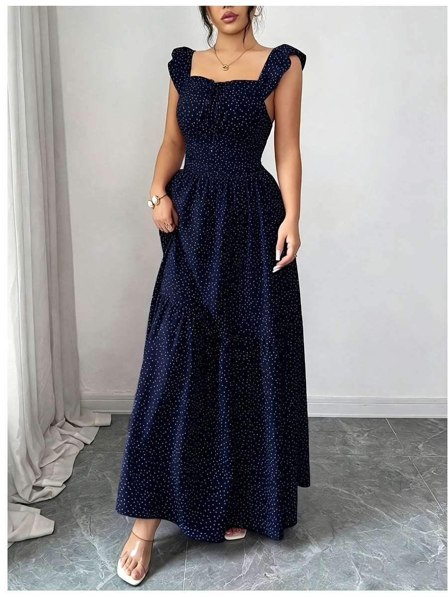 Women's Elegant Polka Dot Backless Bridesmaid Dress - Sleeveless Square Neckline A-Line Wedding Guest Dress with Tie-Strapped Fitted Waist, Suitable for Parties, Vacations, Bridesmaids Attire - Blue