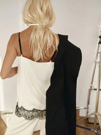 Versatile and Elegant Lace Petal Trimmed Hollow-out V-neck Spaghetti Strap Loose-fit Tank Top - White