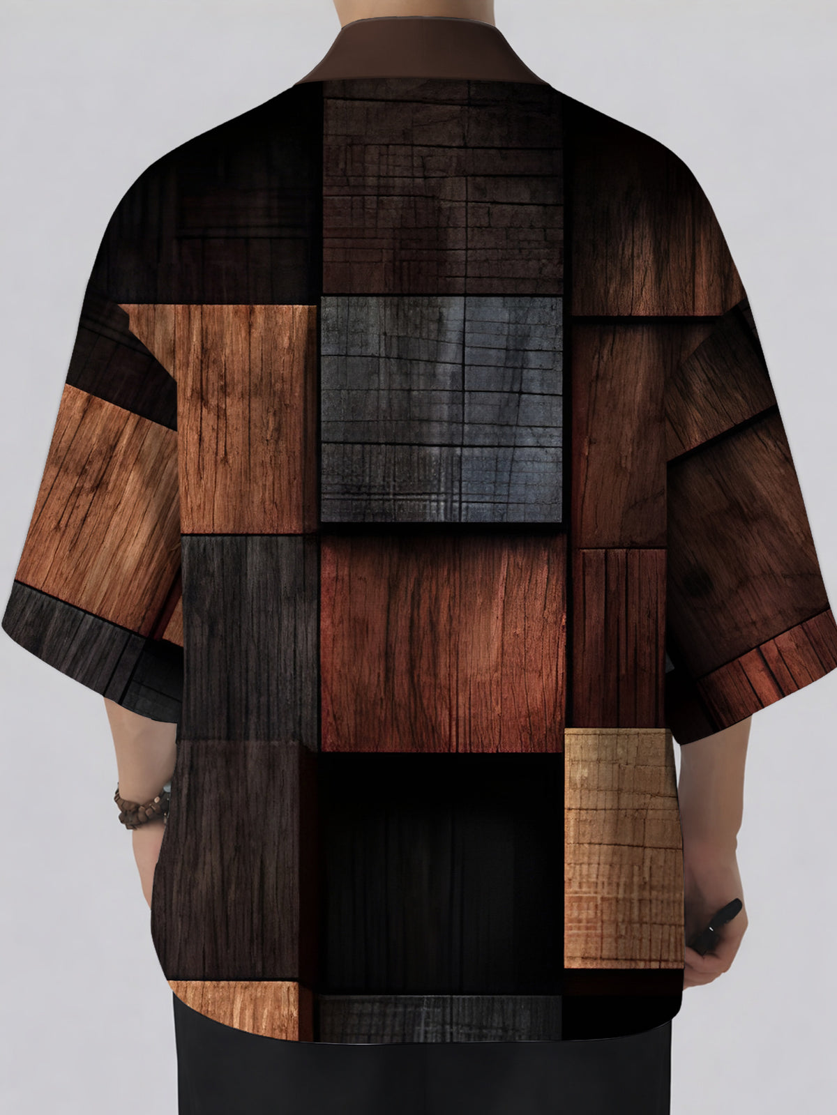 New Summer Men's Kimono Cardigan, Loose Fit Casual Trendy Thin Cape Outerwear, Men's Vacation Style, Digital Print Versatile Vintage Dark Brown Wooden Block Pattern - Mixed colors