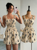 Women'S Summer New Print Jumpsuit, Waist-Cinching, Slim-Fit, Casual Resort Style, Ruffle Strap Jumpsuit - Khaki