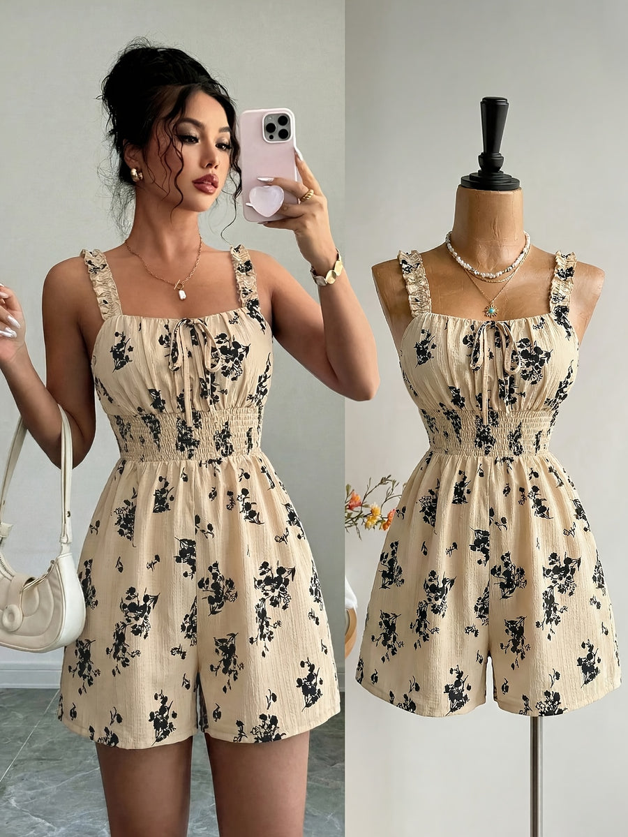 Women'S Summer New Print Jumpsuit, Waist-Cinching, Slim-Fit, Casual Resort Style, Ruffle Strap Jumpsuit - Khaki