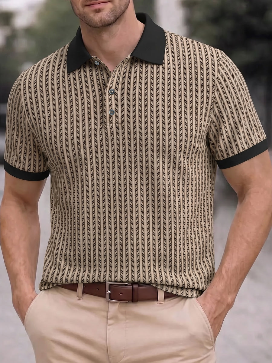 Men's Breathable Short-Sleeve Polo Shirt with Contrast Lapel Collar & Button-Up Collar - Striped Button Placket, Suitable for Casual, Business, Commuting - Machine Washable Summer Top for Daily Wear, Office & -Casual Outfits - Khaki Color