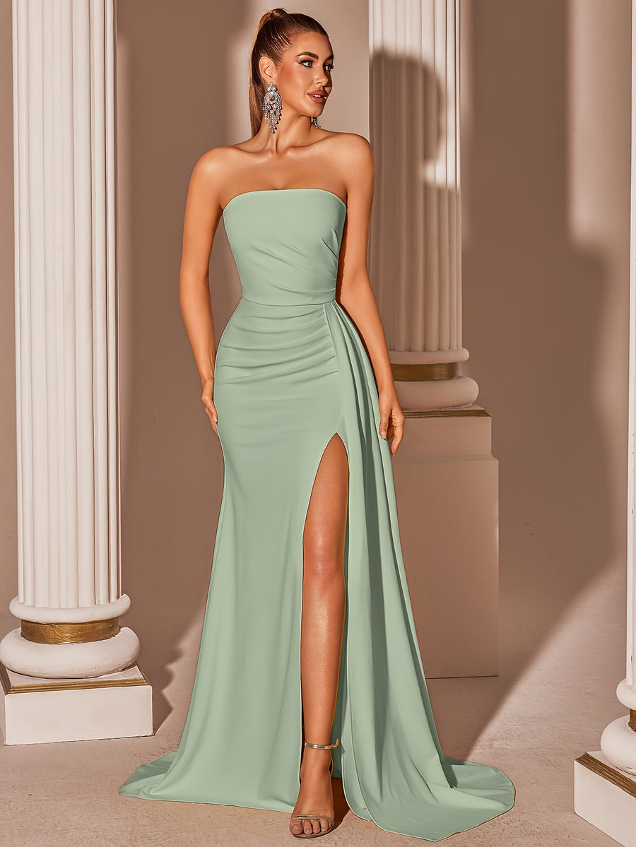 Women's Elegant High-Waisted Slit Long Ribbon Backless Tie Dress for Graduation Party - White Green