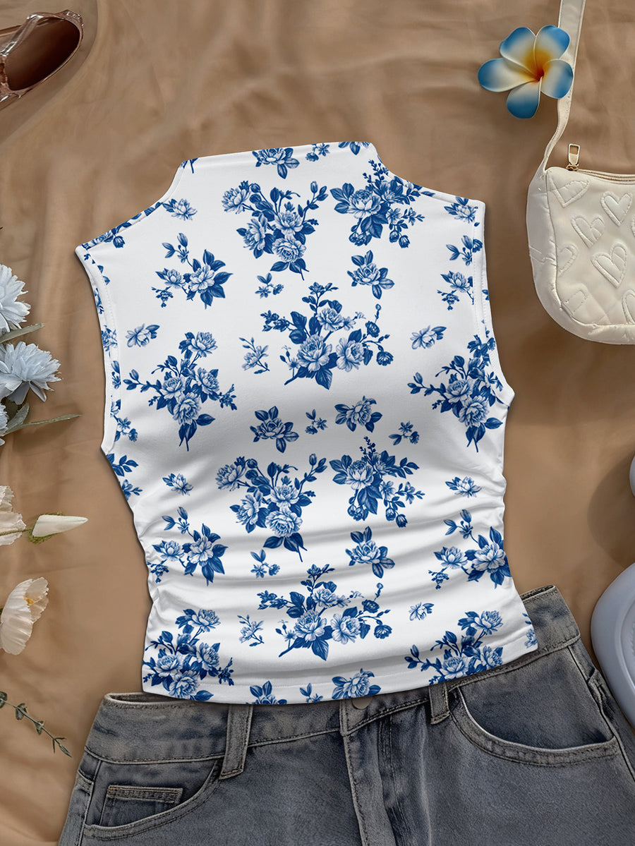 Women's Spring/Summer New Arrival Special Vintage Daily Casual Print Mock Neck Sleeveless Fitted Tank Top - Royal Blue