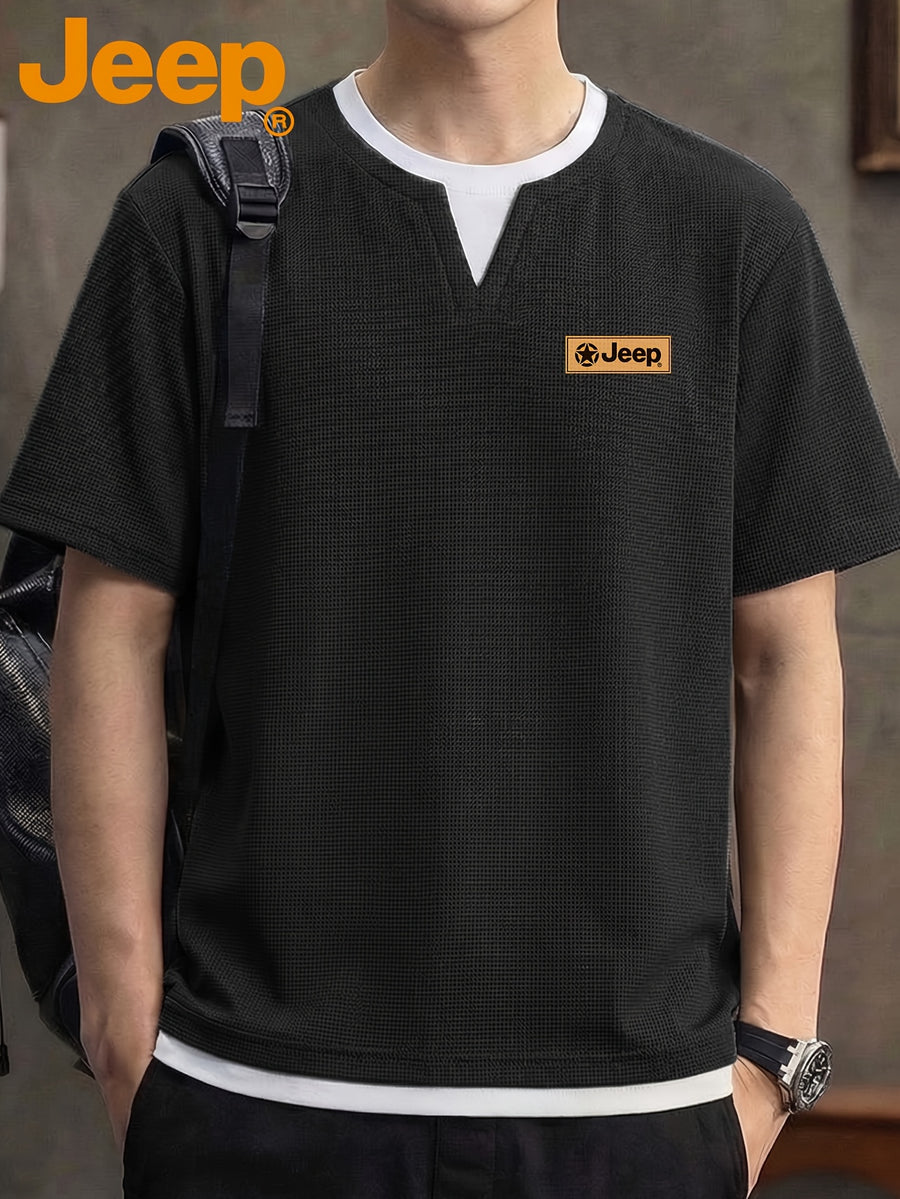 JEEP Men's Summer Waffle Knit 2-in-1 Look Short Sleeve T-Shirt - Black