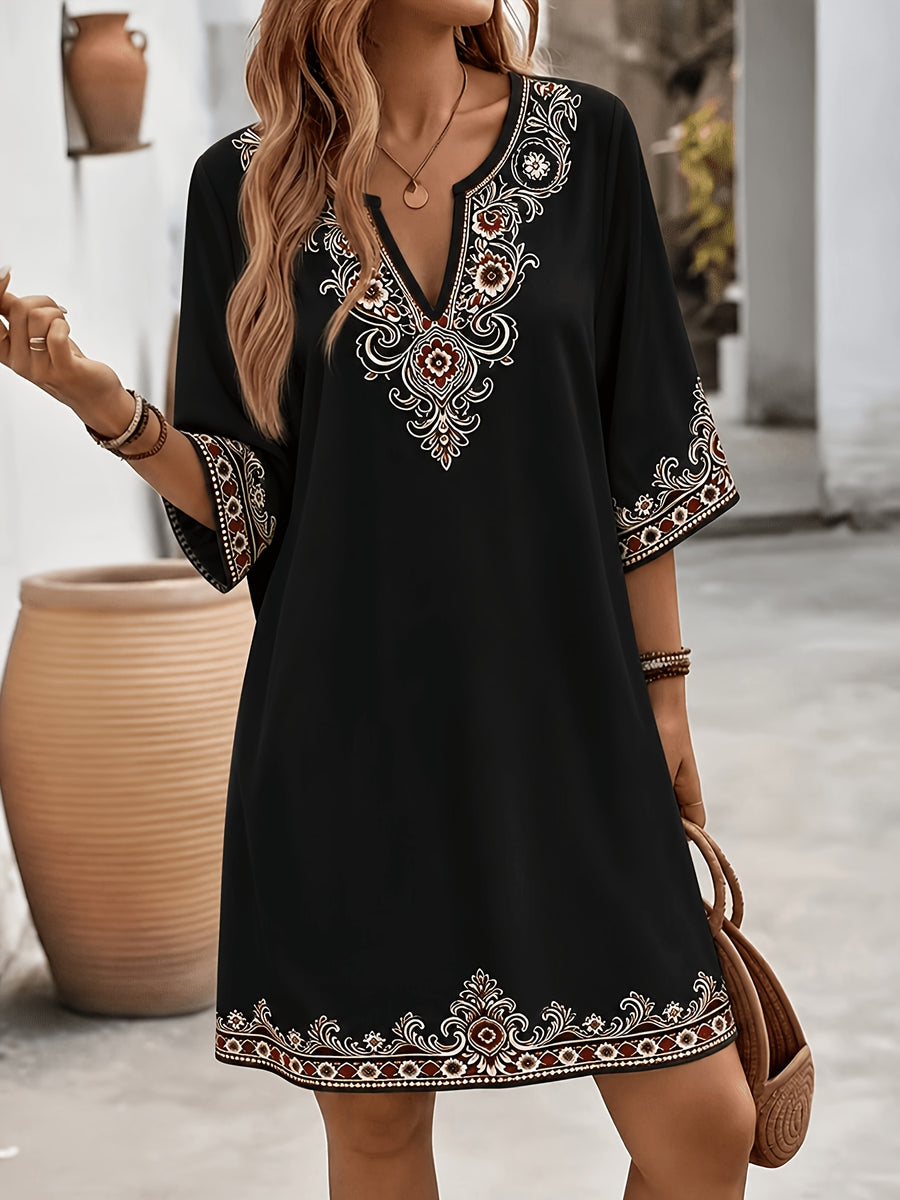 Fashionable Elegant Bohemian Ethnic Style Printed V-Neck Short Sleeve Loose Casual Dress - Black