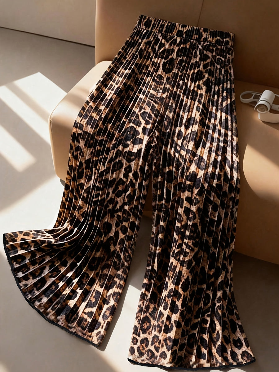 Pleated Extra-Long Wide-Leg Pants, Casual & Versatile High Waist Pants For Daily Wear, Women's Clothing - Leopard Print