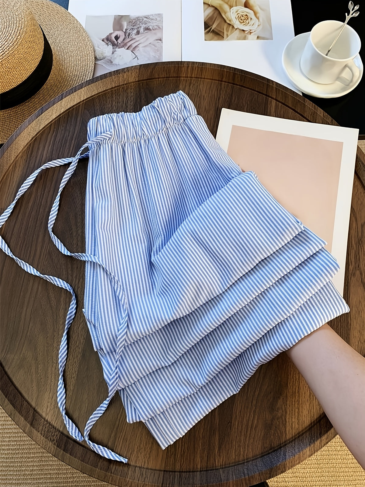 Loose Wide-Leg Pants with Light Blue Stripes in a Fresh And Clean Style - Deep Sky Blue