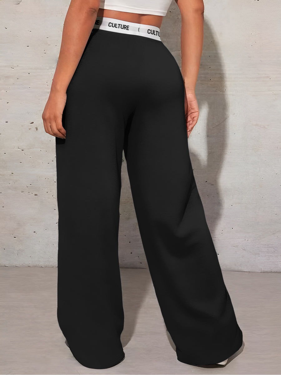 K6 Women's Letter LOS ANGELES Print Loose Wide-Leg Pants with Pockets, Versatile High-Waisted Casual Trousers - Black