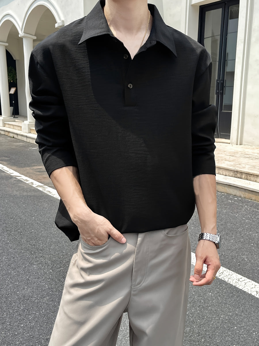 Men'S Casual Athletic T-Shirt, 1pc Men'S Fashion Trendy Casual Lapel T-Shirt, Loose Fit, Comfortable Linen-Like Fabric, Suitable for Daily Casual Outing Wear - Black