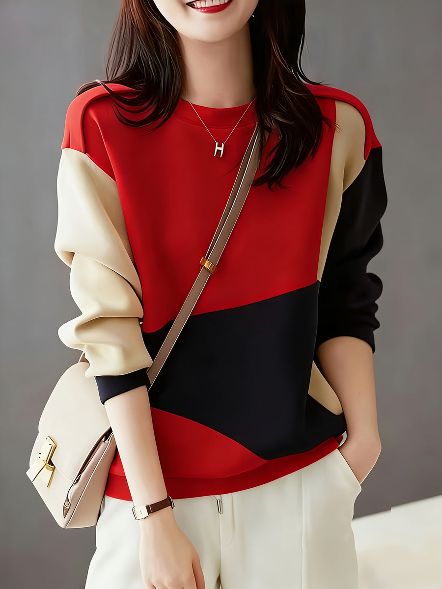 Fall Winter Women'S Fashion Color-Block Artistic Geometric Split Daily Casual Commute Sweatshirt - Red