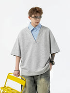 [Shule Water OBM] 2026 New Loose Design Japanese Fake Two-Piece Polo Collar Short Sleeve Men Women Style Summer Couple Half Sleeve T-Shirt - Grey