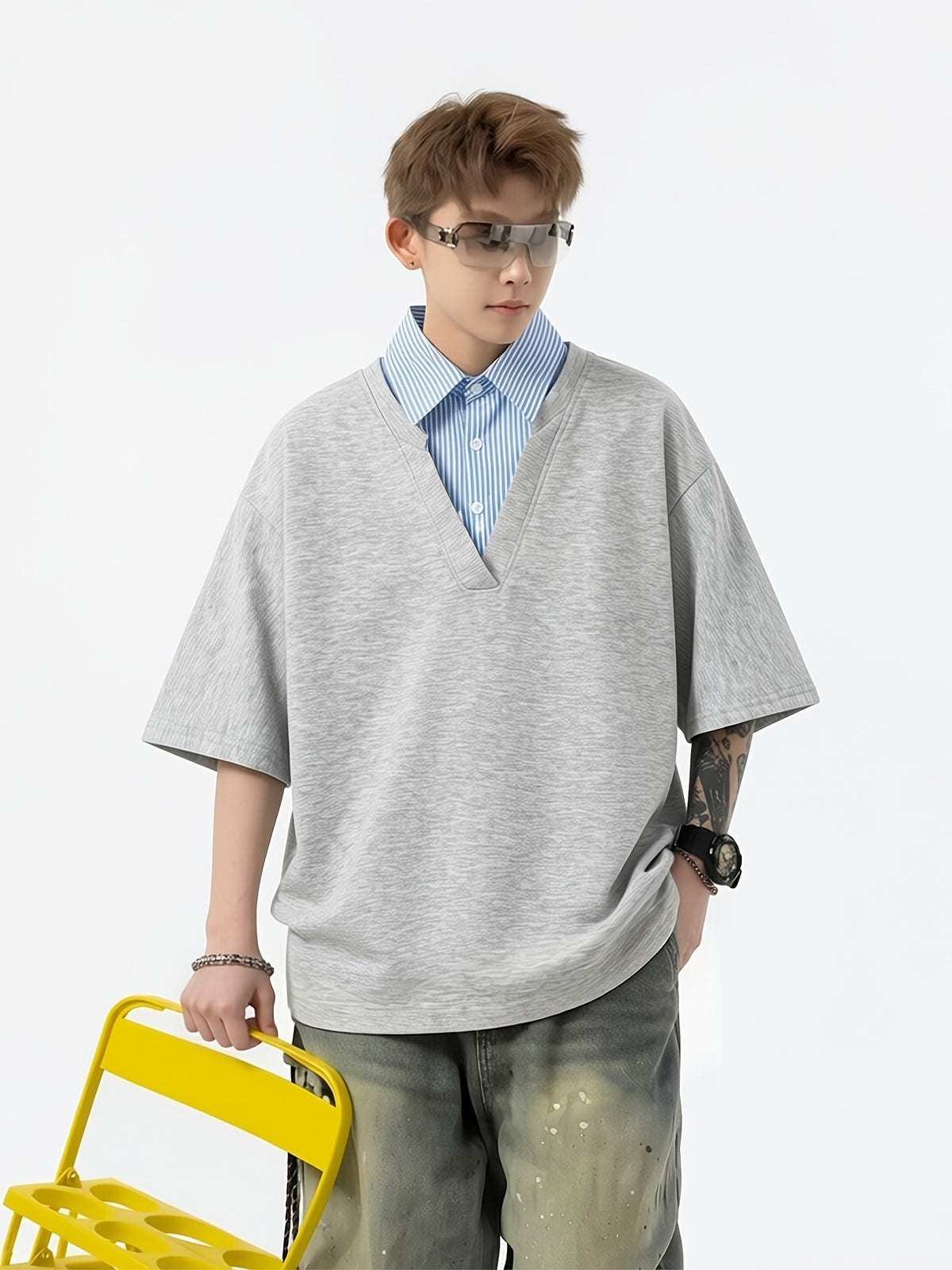 [Shule Water OBM] 2026 New Loose Design Japanese Fake Two-Piece Polo Collar Short Sleeve Men Women Style Summer Couple Half Sleeve T-Shirt - Grey