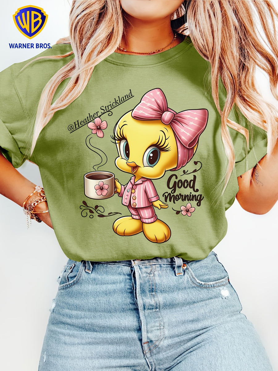 Women'S Elegant Short Sleeve, Cui Di Good Morning Morning Coffee Style Print, Soft Stretch Round Neck Casual Retro Style Top, Warner Bros. Licensed, Suitable for Spring Summer Autumn Daily And Vacation Wear, S-XXL Size - fern green