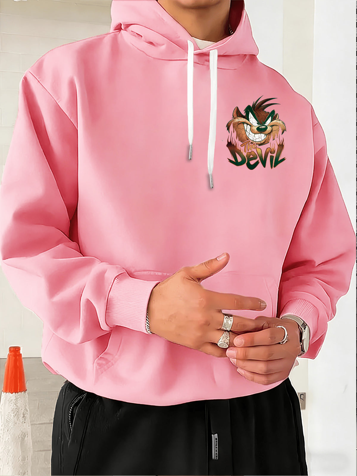 Warner Bros. Big Mouth Style Print, Hooded Sweatshirt with Graphic Design, Multi-functional Street Style Men's Hoodie, Comfortable and Casual, Suitable for Autumn and Winter Wear - Pink Color
