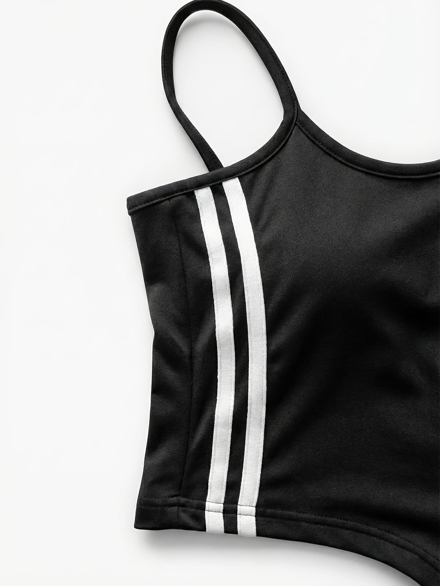 Women'S Elegant Suit, Loose Straight Leg, Side Contrast Stripes, Personalized Triangle Pattern Print, European And American Style Style, Elastic Waist, Straight Leg Wide Leg Long Pants, Paired with a Tight Short Suspender Vest - Black