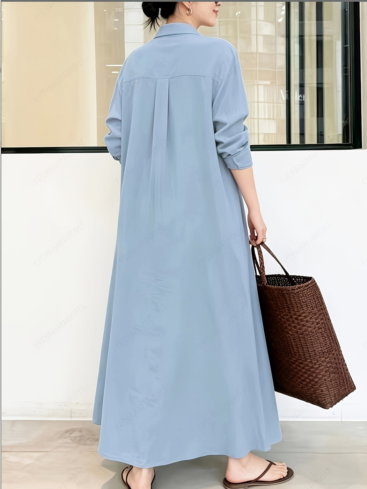 In Stock European And American New Solid Color Lapel Long Sleeve Pocket Easy Loose Casual Long Dress 1pc - Light Blue