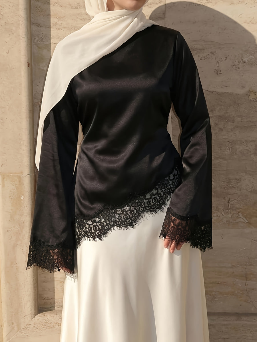 Women'S Elegant Commute Satin Blouse, Lace Panel Round Neck Long Sleeve Tie Waist Top, Solid Fabric Lace Panel Asymmetrical/Asymmetrical Design, Suitable for Elegant Office Daily Dates - Black