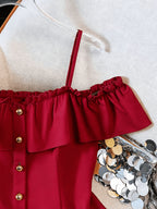 Women's Summer Casual Solid Color Off-Shoulder Ruffle Camisole Tank Top - Red
