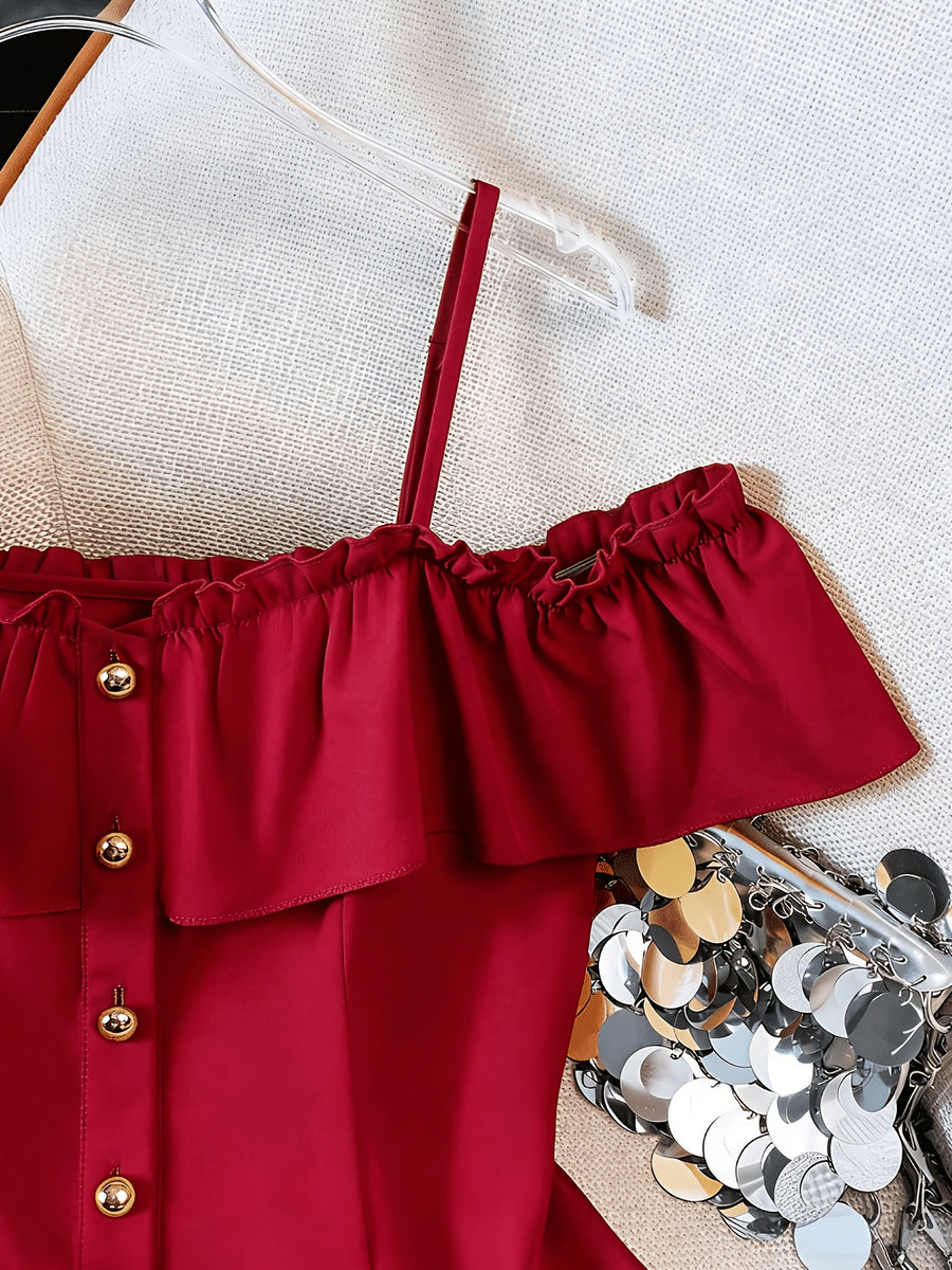 Women's Summer Casual Solid Color Off-Shoulder Ruffle Camisole Tank Top - Red