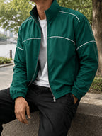 Men'S Color-Block Striped Stand-Collar Jacket, Autumn Casual Sporty Loose Long Sleeve Zipper Top, Western Street All-Match Commute Outdoor Men'S Clothing - Green