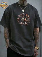 Warner Bros Official Men's Washed Pure Cotton Short-Sleeve T-Shirt, Featuring a Classic The Hobbit and Dwarves Team Anime Print on the Back, and a Circular Group Portrait Design of Characters on the Front Chest. Rich in Detail, It Showcases an Epic - Black