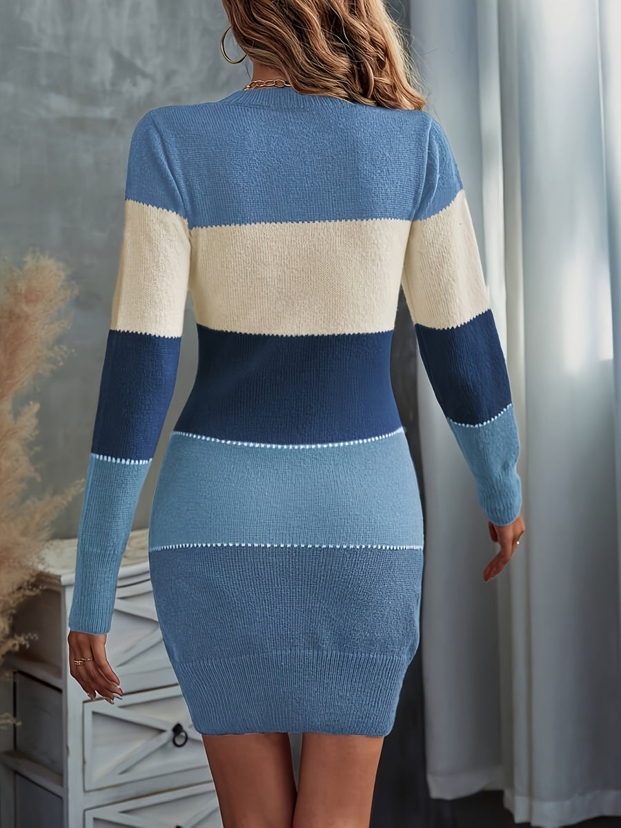 Women'S Easy Slim-Fitting Patchwork Casual Comfortable Color-Block Round Neck Sweater Dress - Mixed colors