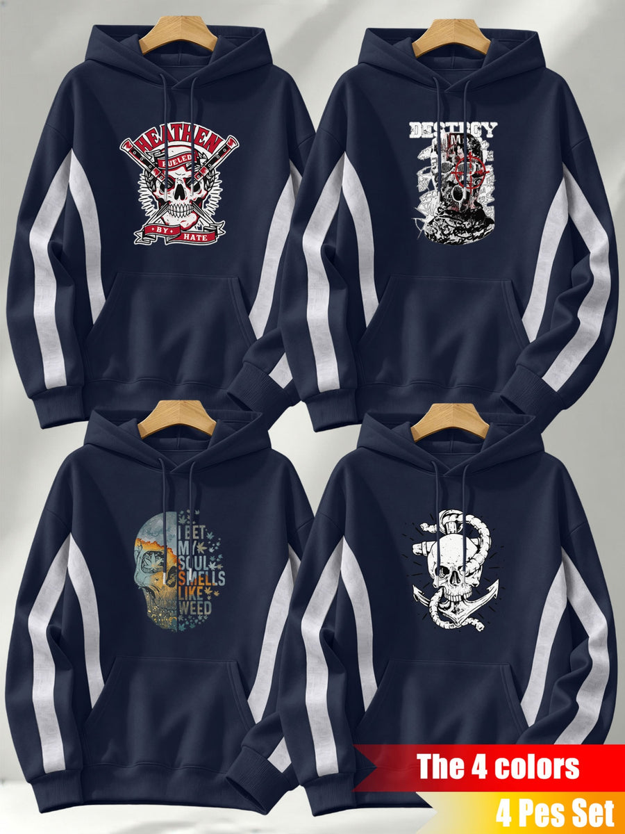 4pcs 2026 Autumn/Winter Men's Street Style Hooded Sweatshirt with Diagonal Contrast Color Line Cutting on Sleeves, Long Sleeves, Adjustable Drawstring, Large Capacity Kangaroo Pocket for Phone Storage, Skin-Friendly and Warm, Versatile Pullover - Navy Blue+Navy Blue+Navy Blue+Navy Blue