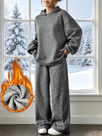 Solid Color Women's Casual Sporty Autumn/Winter Hooded Sweatshirt and Sweatpants 2pcs Set - Grey