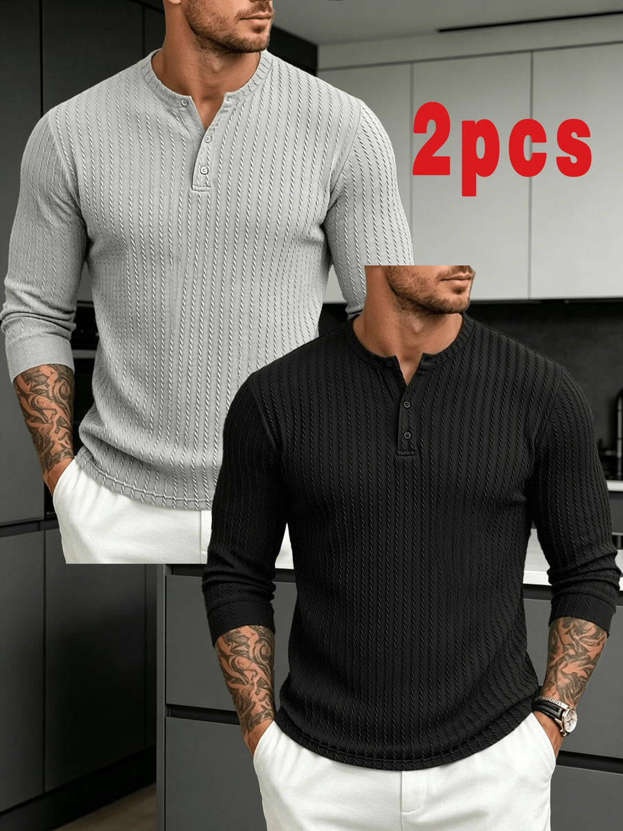 Halloween Thanksgiving Black Friday Cyber Monday Christmas Ultra V 2pcs Men'S Vertical Texture Henley Long Sleeve T-Shirts, High-Elastic Jacquard Fabric Slimming And Slimming, Semi-Open Button Collar Easy And Atmospheric - Black Gray
