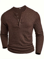 Men's Fashion Top, Autumn/Winter Casual Textured Ribbed Fabric Crew Neck Single-Breasted Long Sleeve Men's Henley Shirt - Dark Brown
