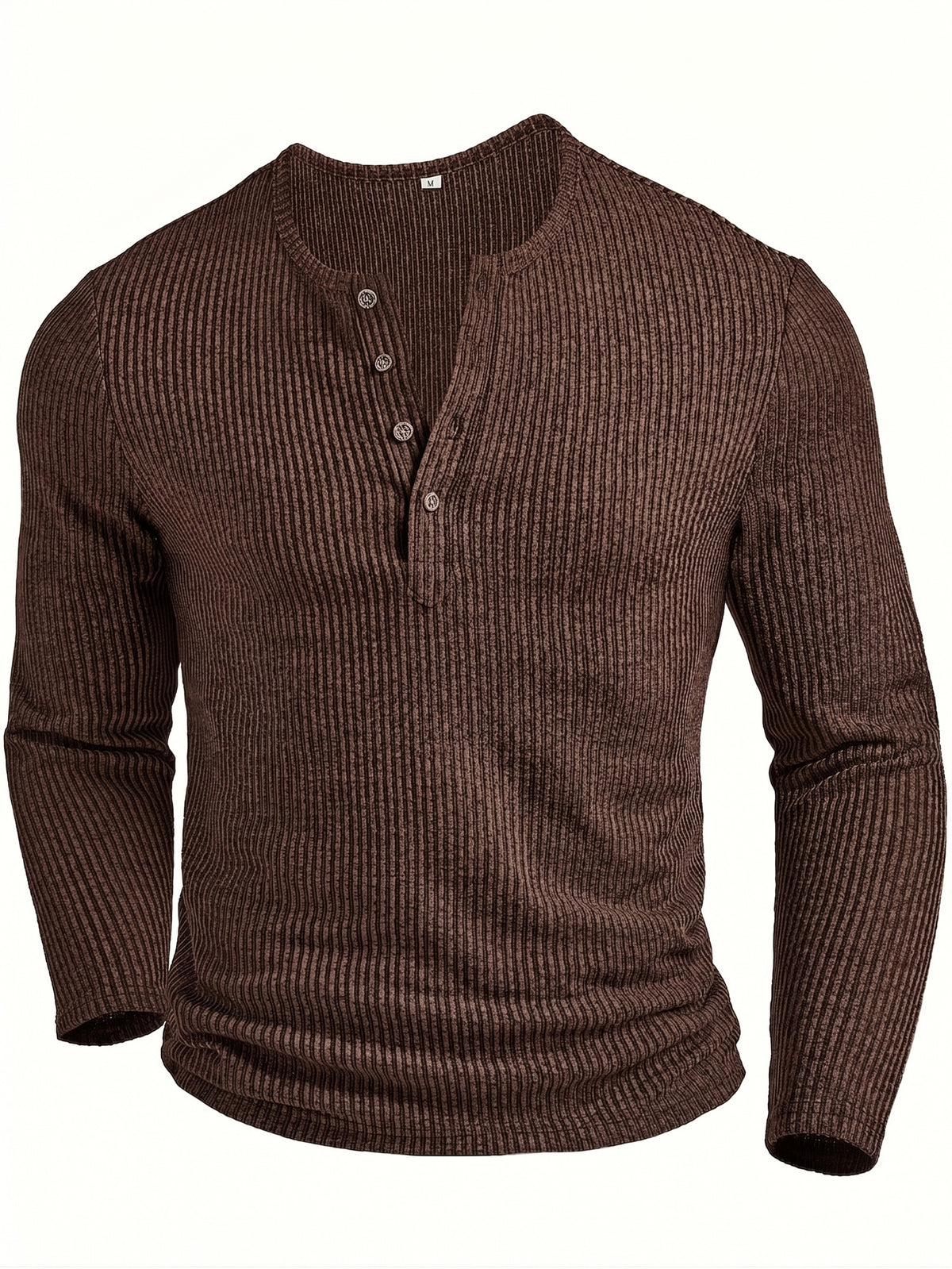 Men's Fashion Top, Autumn/Winter Casual Textured Ribbed Fabric Crew Neck Single-Breasted Long Sleeve Men's Henley Shirt - Dark Brown