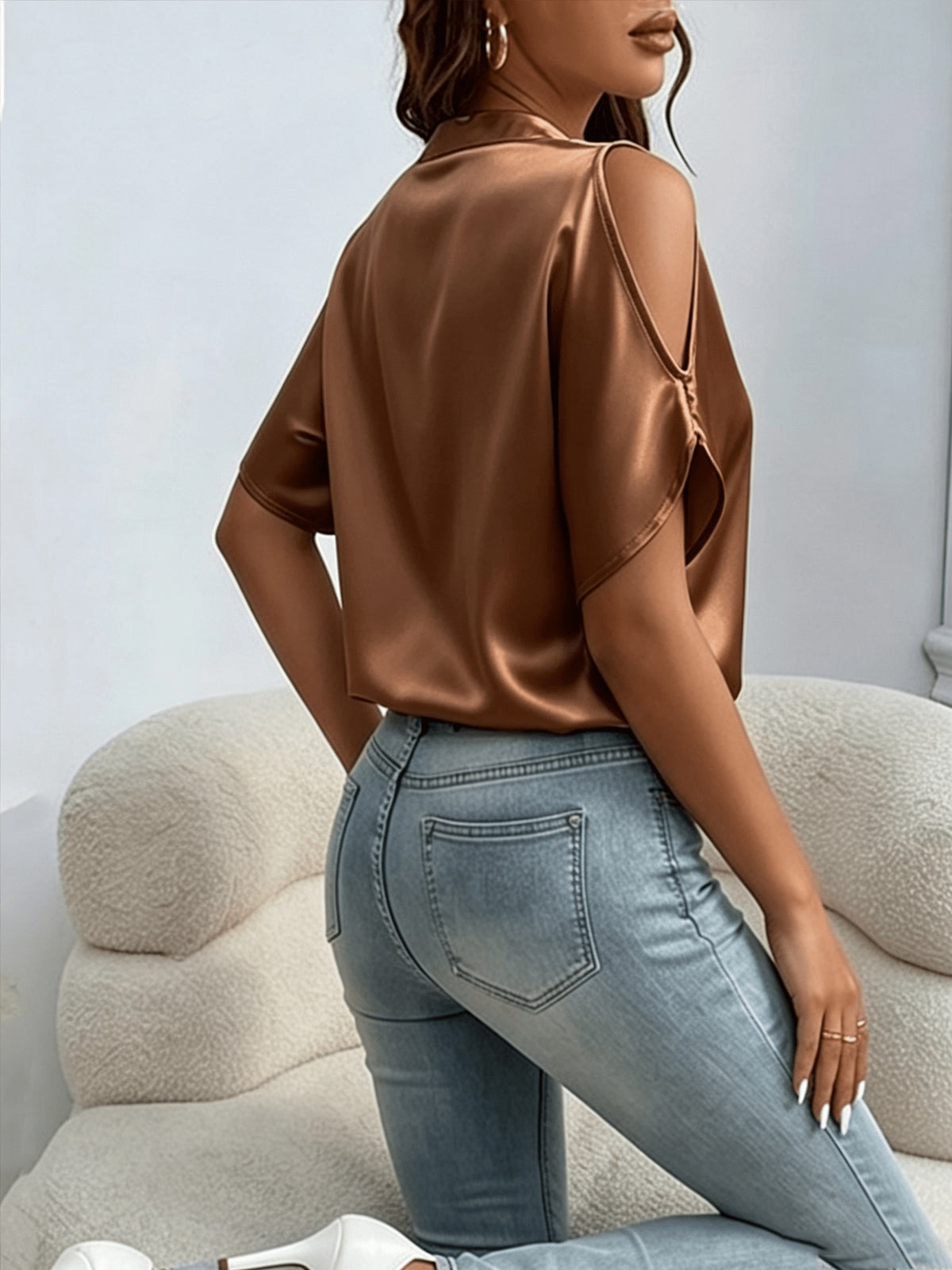 Women'S Chic Stand Collar V-Neck Cold Shoulder Short Sleeve Top - Satin Texture, Ideal for Mother'S Day & Independence Day Commute, Suitable for Spring & Summer Casual & Date Looks, Luxury Style Outfit - Coffee Brown