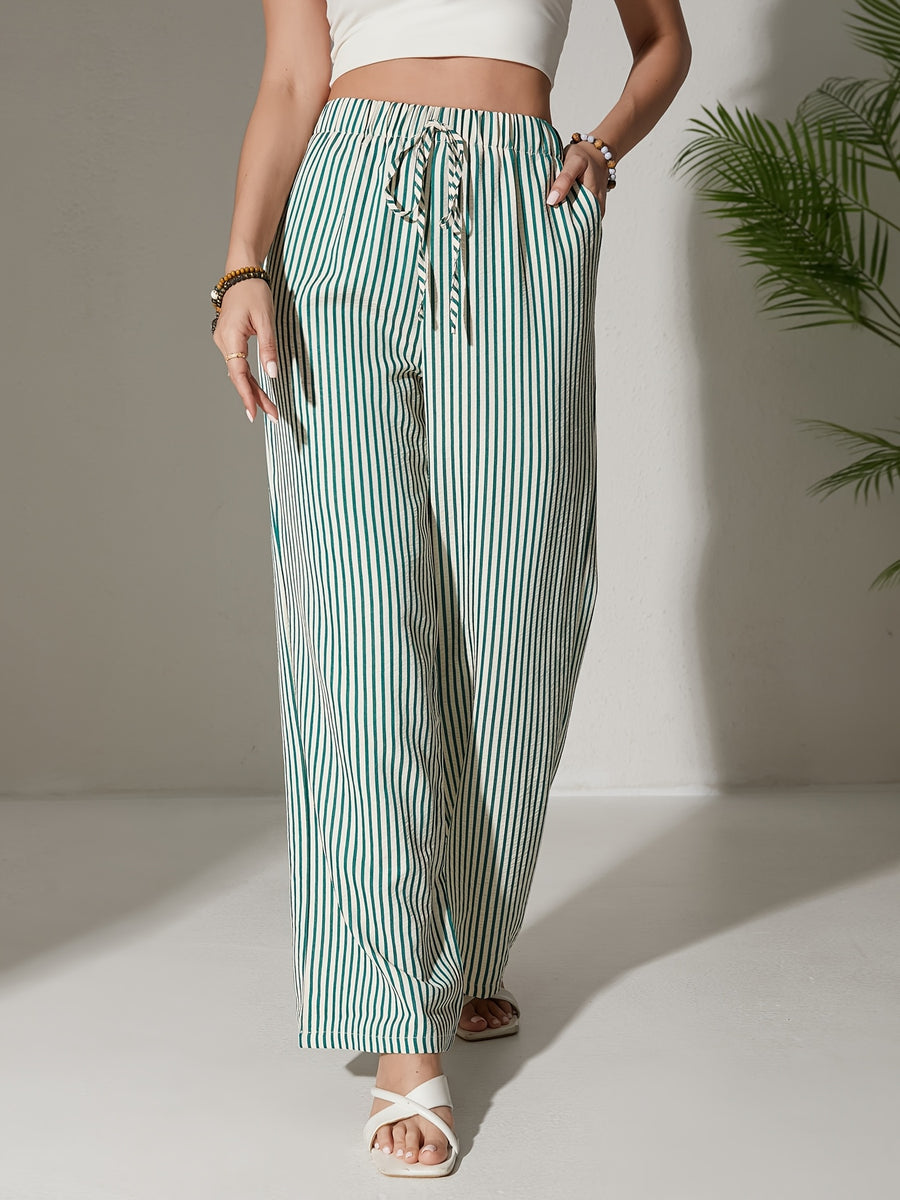Striped Women's Casual Pants, Four Seasons Lazy Style Elastic Waist Drawstring Loose Versatile Textured Wide Leg Long Pants - Apricot Green Stripes