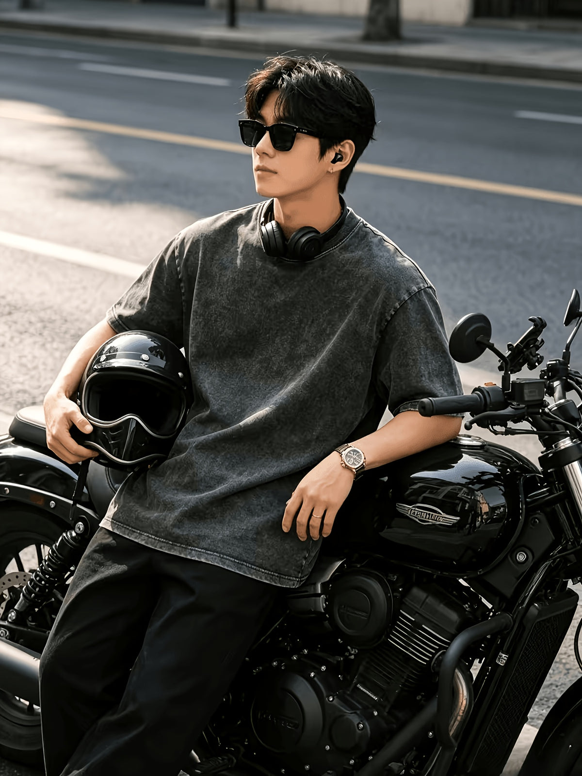 3pcs Summer Men'S Heavyweight 100% T-Shirt Set - Retro Washed Street Style Loose Round Neck Short Sleeve, Breathable All-Season Casual Tee - Combination 3