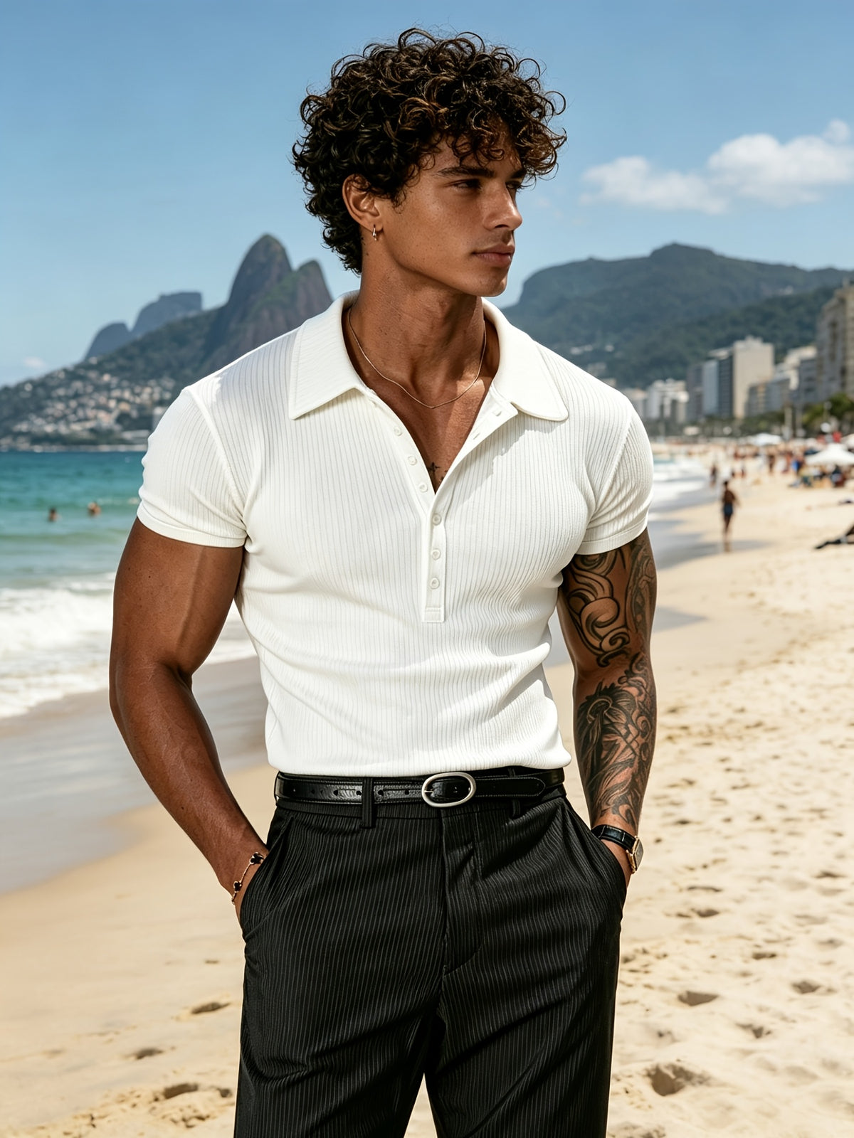 2pcs Mixed Pc Men'S Summer Easy Solid Henley Short Sleeve T-Shirts Classic Lapel And 7-Button Design High-Elastic Skin-Friendly Ribbed Polo Shirt Moisture-Wicking Breathable Base Layer Suitable for Outdoor Sports And Casual Wear Multi-Color Combinat - White+Army Green