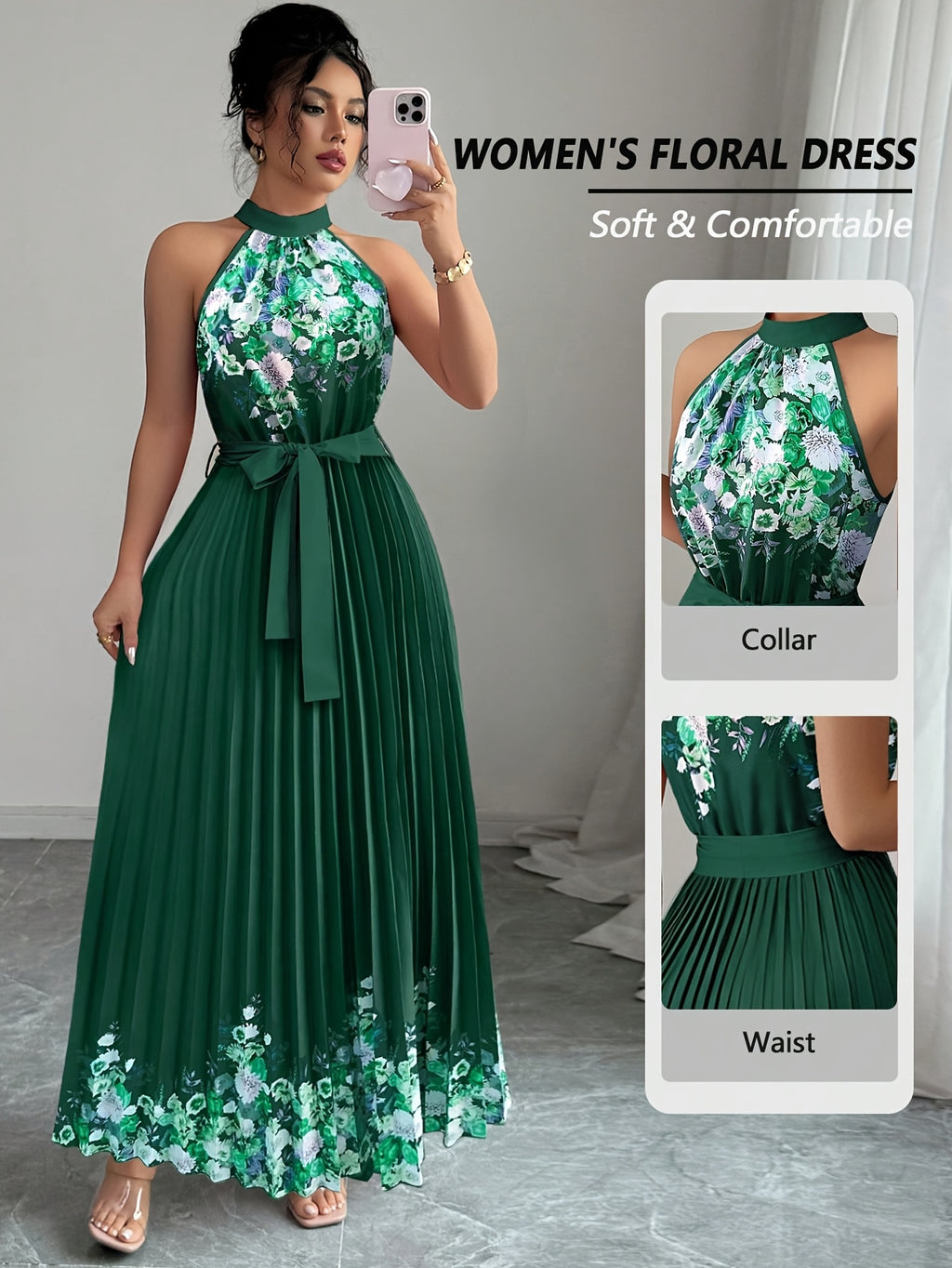 Fashionable New Women'S Summer Halter Floral Print Pleated Dress - Dark Green