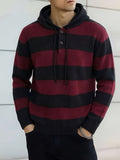 Men's Striped Hooded Knitwear Spring/Autumn Henley Collar Button Drawstring Pullover Sweater Casual Long Sleeve Color Block Top - Black And Red