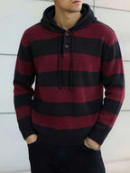 Men's Striped Hooded Knitwear Spring/Autumn Henley Collar Button Drawstring Pullover Sweater Casual Long Sleeve Color Block Top - Black And Red