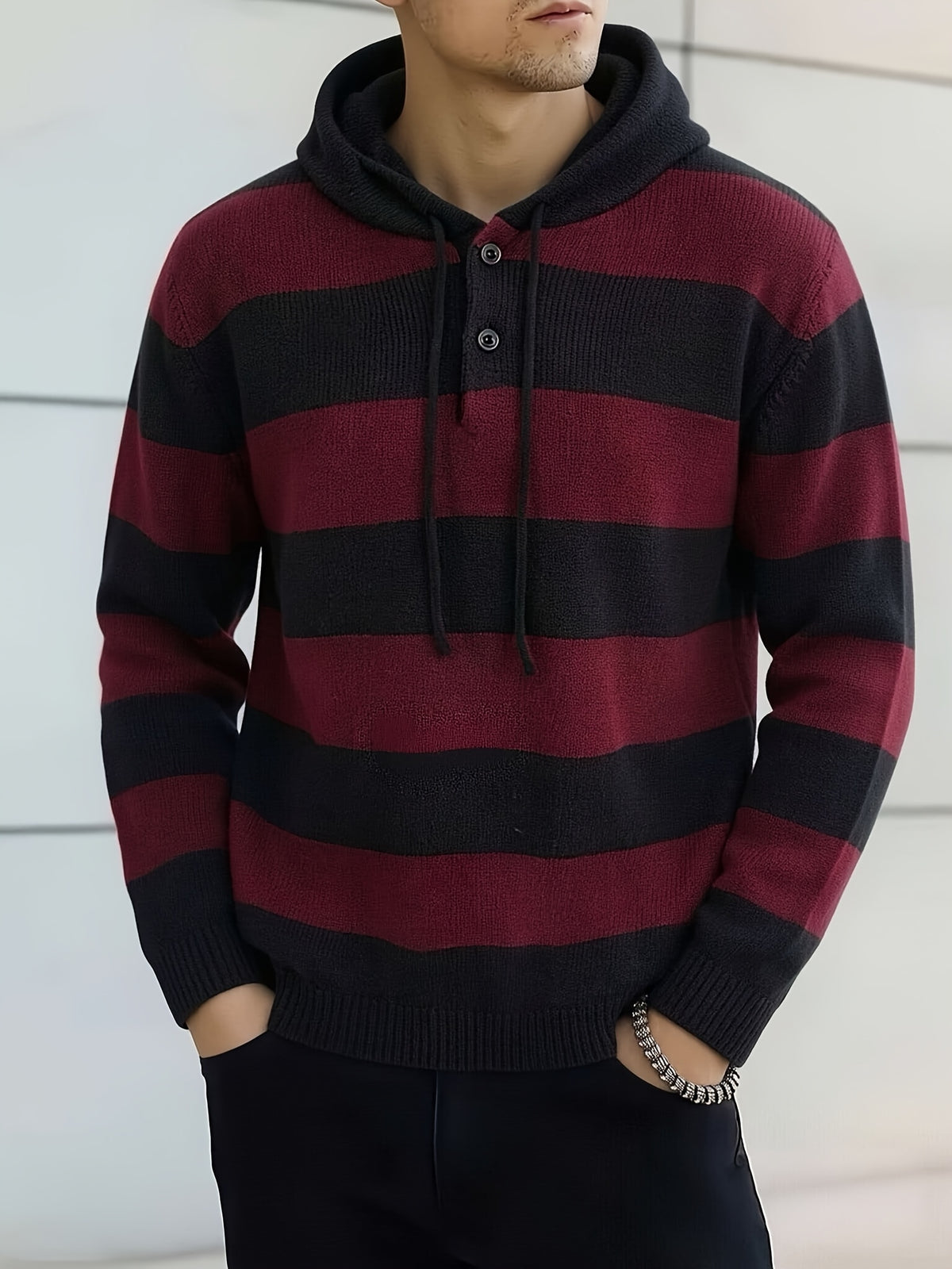 Men's Striped Hooded Knitwear Spring/Autumn Henley Collar Button Drawstring Pullover Sweater Casual Long Sleeve Color Block Top - Black And Red