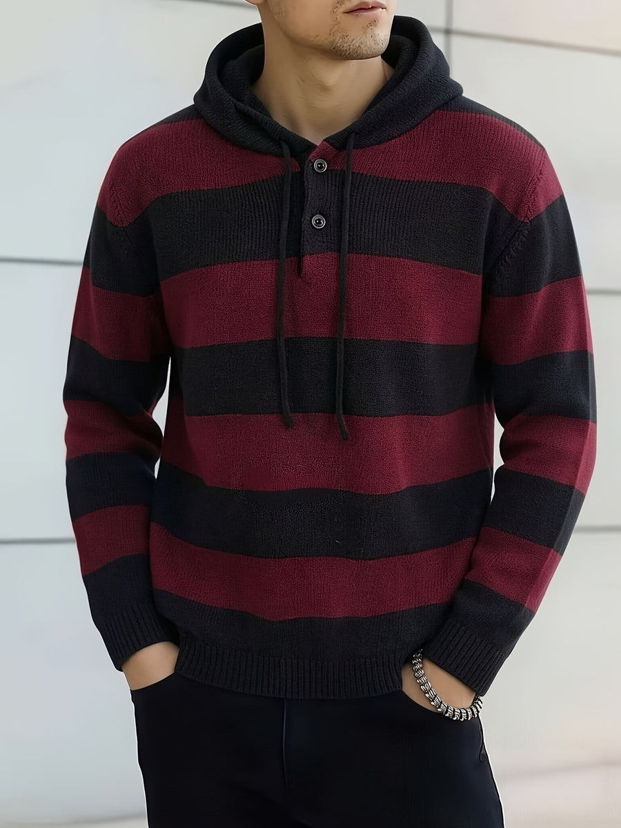 Men's Striped Hooded Knitwear Spring/Autumn Henley Collar Button Drawstring Pullover Sweater Casual Long Sleeve Color Block Top - Black And Red