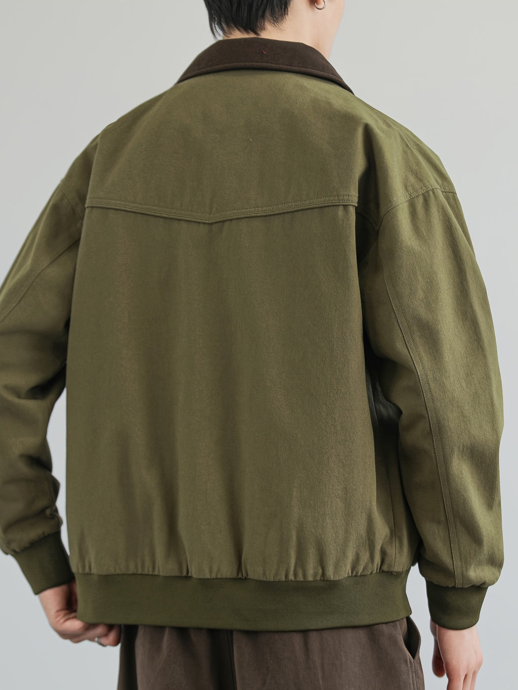 Jingmeleng Selection Men's New Outdoor Workwear Vintage Lapel Jacket - Contrast-Color Corduroy Collar - Solid Color Fabric with Drawstring - Metal Vintage YKK Zipper - Hem and Cuff Ribbed Design - Loose Fit Fashionable Trendy Casual Outerwear - Olive