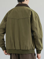 Jingmeleng Selection Men's New Outdoor Workwear Vintage Lapel Jacket - Contrast-Color Corduroy Collar - Solid Color Fabric with Drawstring - Metal Vintage YKK Zipper - Hem and Cuff Ribbed Design - Loose Fit Fashionable Trendy Casual Outerwear - Olive