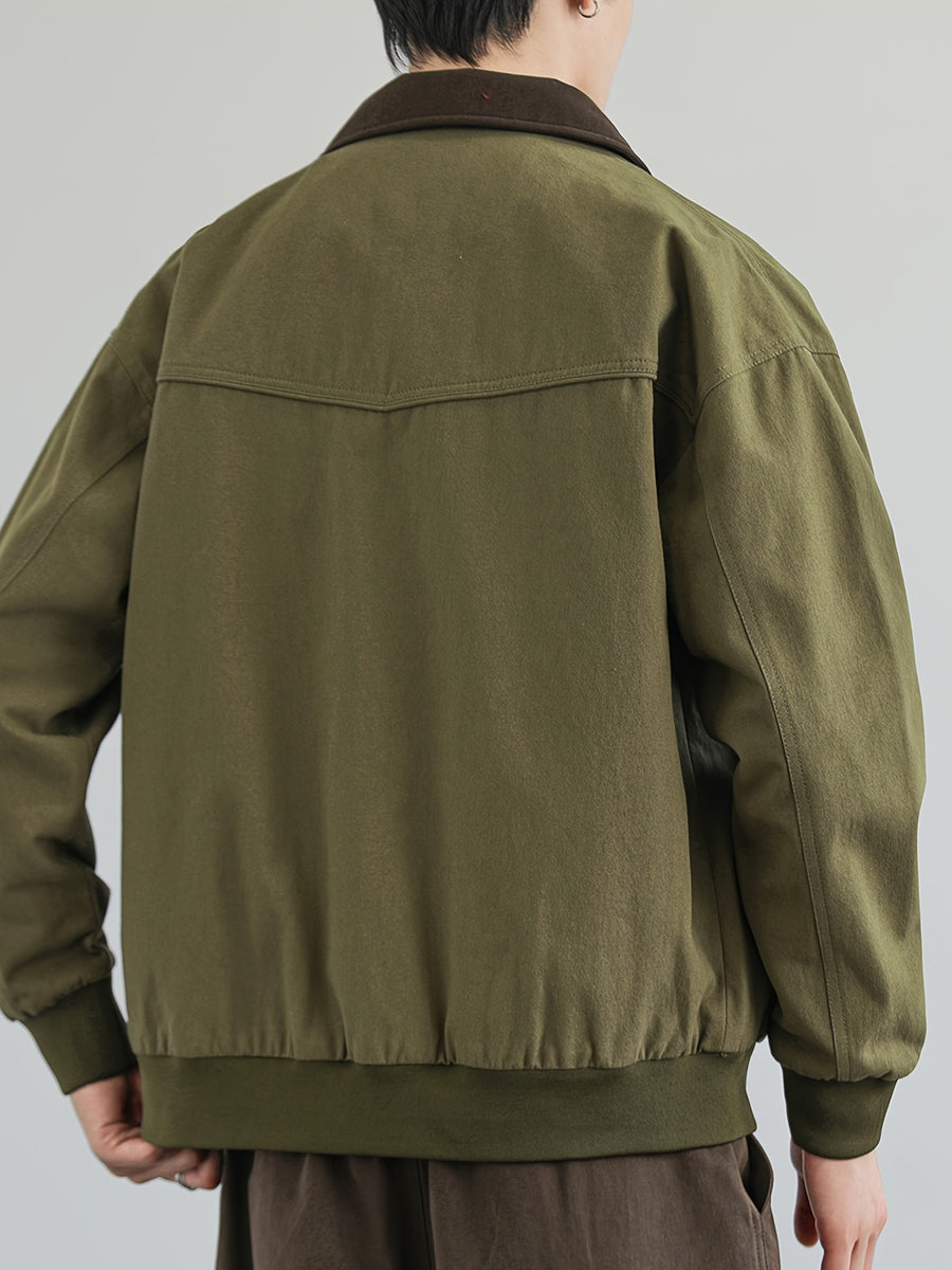 Jingmeleng Selection Men's New Outdoor Workwear Vintage Lapel Jacket - Contrast-Color Corduroy Collar - Solid Color Fabric with Drawstring - Metal Vintage YKK Zipper - Hem and Cuff Ribbed Design - Loose Fit Fashionable Trendy Casual Outerwear - Olive