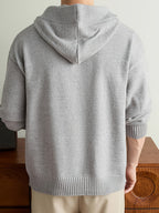 Men's Hooded Henley Neck Knit Sweater, 340GSM, 56.4% Polyester, 25.4% Nylon, 18.2% Acrylic, Half-Zip Drawstring Hooded Pullover, Anti-Pilling Warm Business Casual Long-Sleeve Knitwear - Light Grey