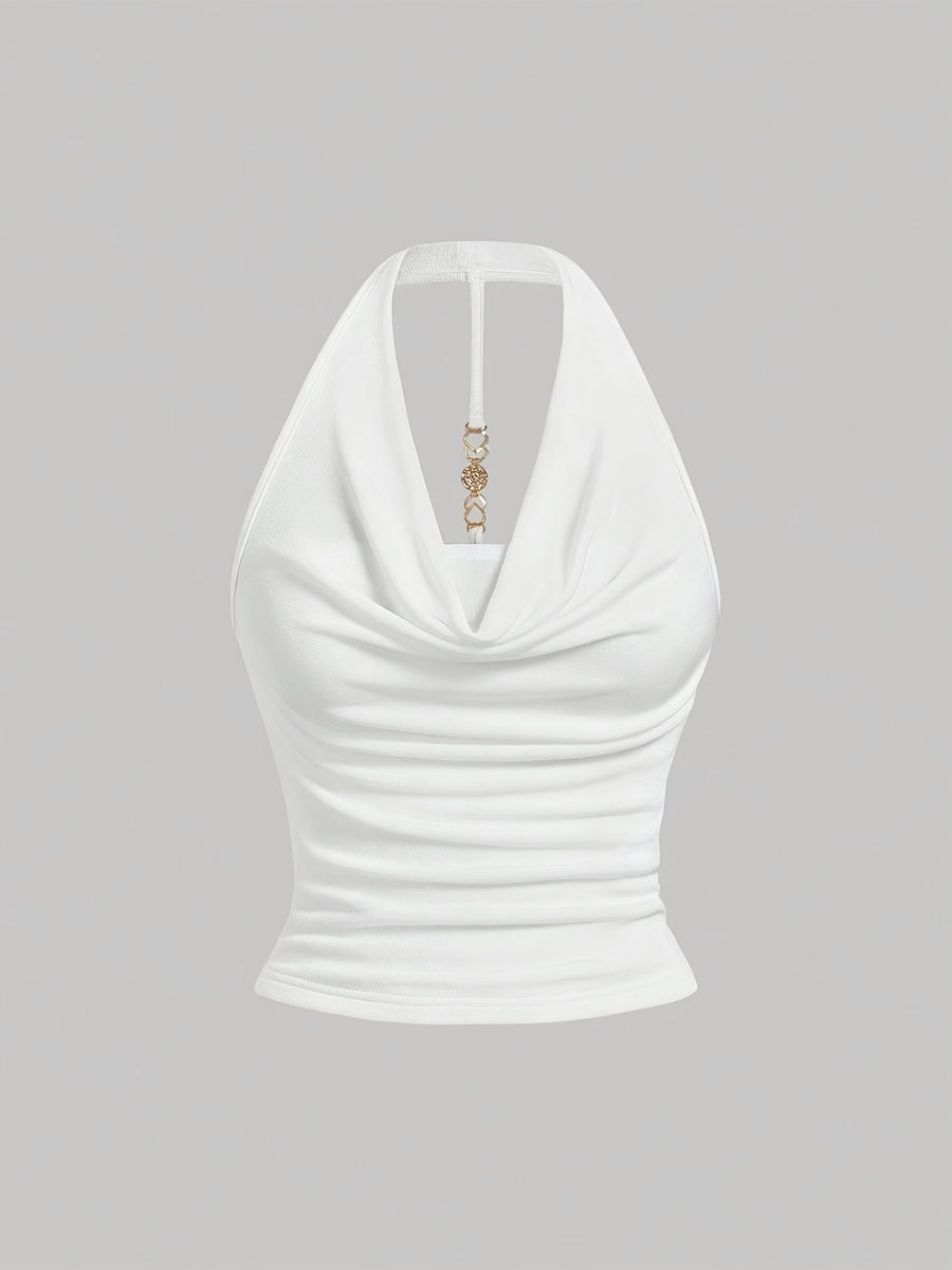 Women's Elegant and Fashionable Halter Neck Camisole with Draped Collar, a Slim-fit, Figure-flattering, and Sexy Solid-color Sleeveless Top - White