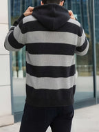 Men's Striped Hooded Knitwear Spring/Autumn Henley Collar Button Drawstring Pullover Sweater Casual Long Sleeve Color Block Top - Light Gray And Black