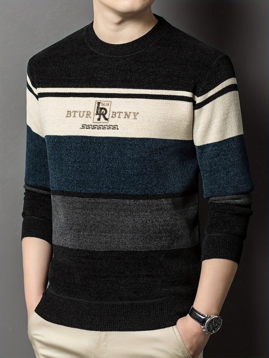 Men'S Winter Striped Crew Neck Sweater, Thickened, Casual Round Neck, Regular Fit, Long Sleeve, Knitted Pullover with Ribbed Hem And Cuffs, Fashionable Letter Pattern, Winter Warmth Top, Autumn Essentials - Sea Blue