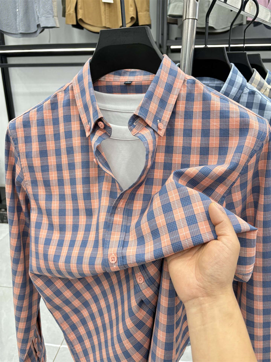 Men's Loose-Fit Thin Plaid Long-Sleeve Shirt for Spring, Summer, and Autumn, New Fashionable Casual Shirt for Young and Middle-Aged Men, Damai - Red Grid
