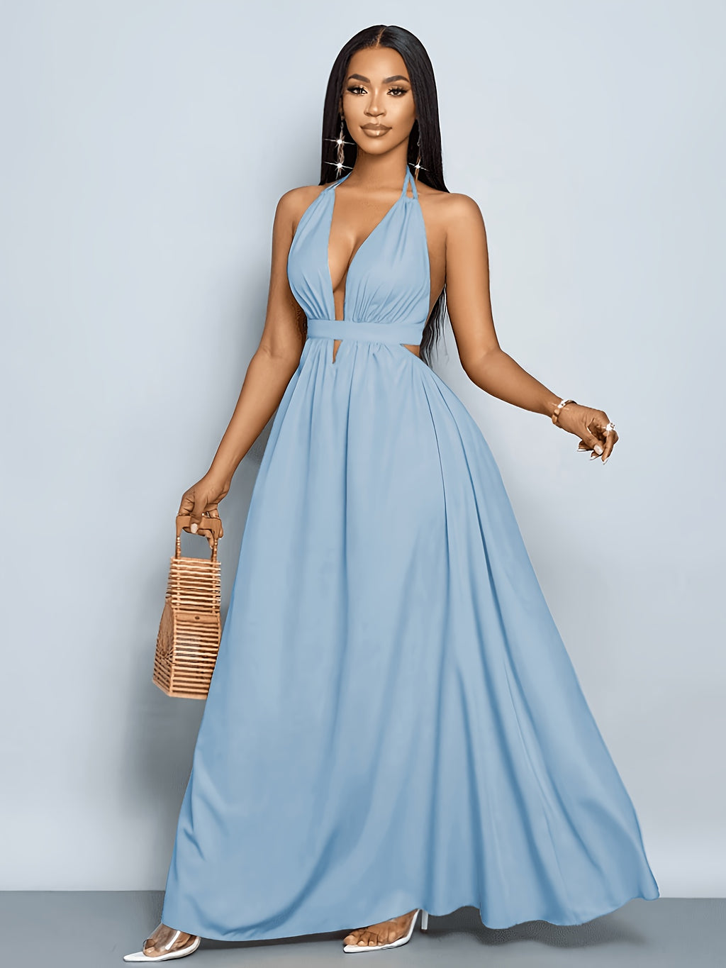 Women'S Solid Color Backless Cami V-Neck Vacation Beach Cross-Strap Backless Maxi Dress Vacation Beachwear Bridesmaid Dress - Blue